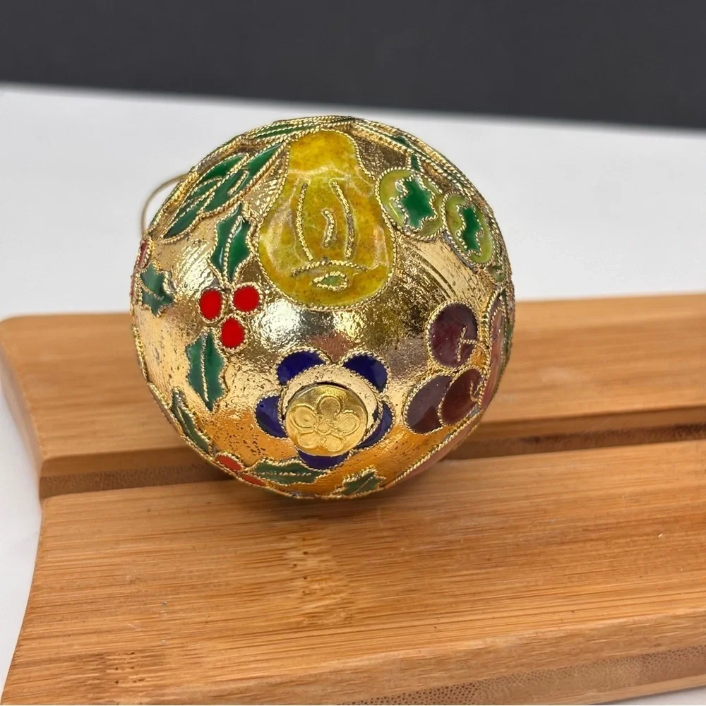 Vintage GANZ Cloisonné Metal Enamel Gold Christmas Ornament Floral Fruit 2 In